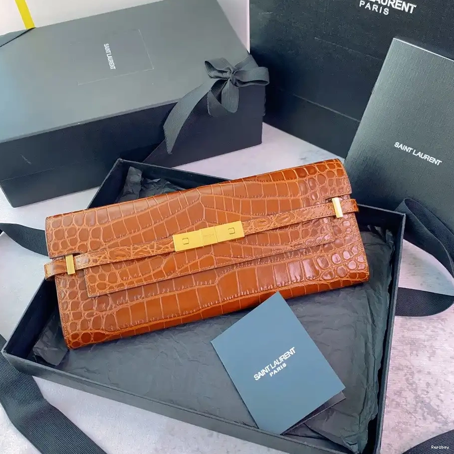 REP IN YSL MANHATTAN CROCODILE-EMBOSSED CLUTCH LEATHER 0515